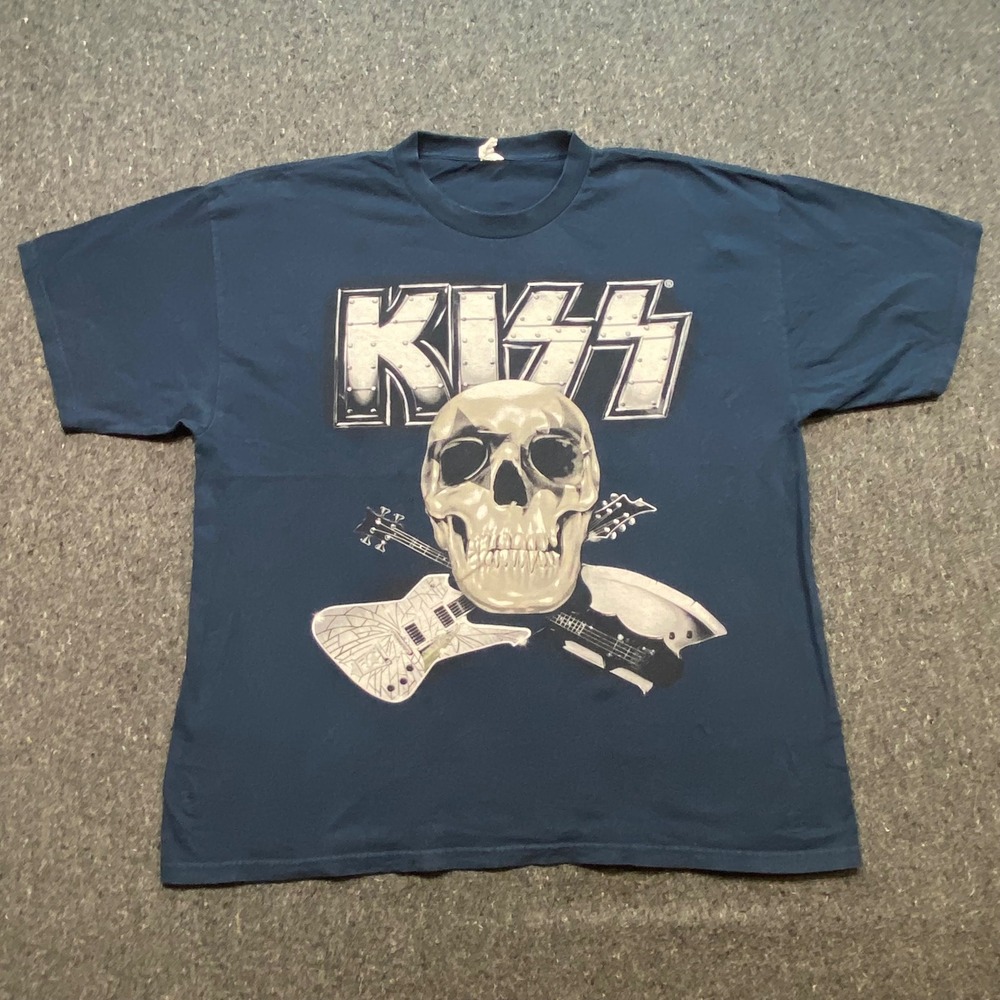 KISS TShirt Sz 2XL Mens Navy Blue Grunge 2012 The Tour Band Graphic Skull Guitar